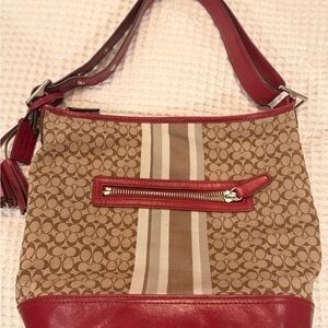 Coach Red and Brown Signature Shoulder Bag